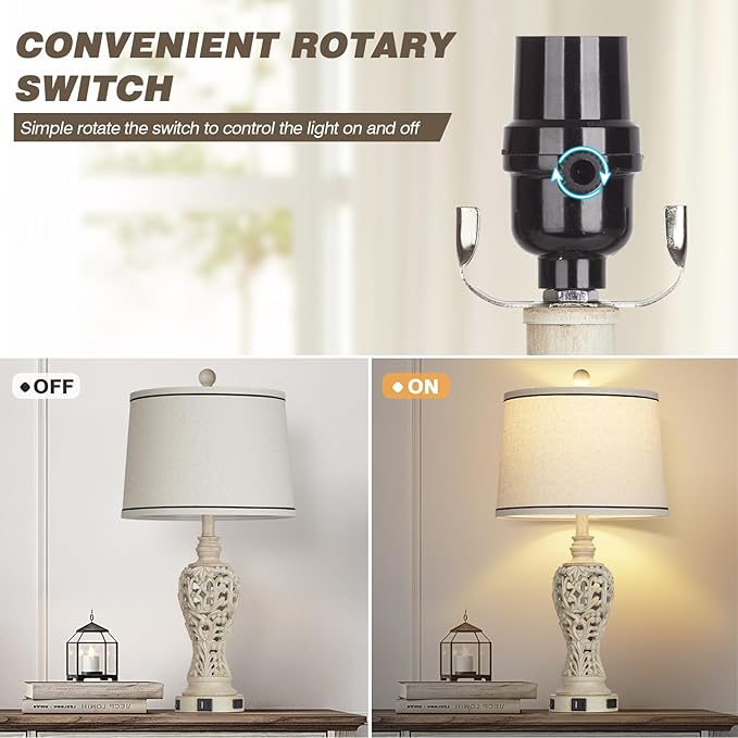 Table Lamps Set of 2, Farmhouse Table Lamps with Nightlight, Rustic Bedside Lamps with Dual USB & AC Outlet, 25.2'' Beige Vintage Nightstand Lamps for Bedroom Living Room, Bulbs Included - Bloomnest