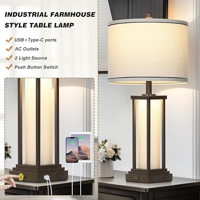 27" Tall Vintage Table Lamps with USB C+A & Outlet,Brown End Table Lamp Set of 2 for Living Room,Rustic Bedside Lamps with Frosted Glass Night Light for Bedroom Nightstand,Oil-Rubbed Bronze - Bloomnest