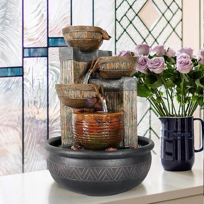 Relaxtion Tabletop Fountain with LED Lights-Desktop Waterfall Fountain Submersible Pump Indoor Home Office Decoration(15.7inch, Brown)