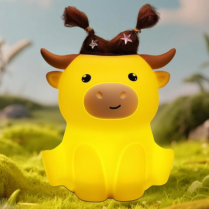 Highland Cow Night Light, Fluffy Cow Squisy Lamp for Kids, Soft Silicone Animal Nightlamp with 2 Levels Dimmable & 20 Mins Timer, Rechargeable LED Light Gifts for Baby Boys Girls - Bloomnest
