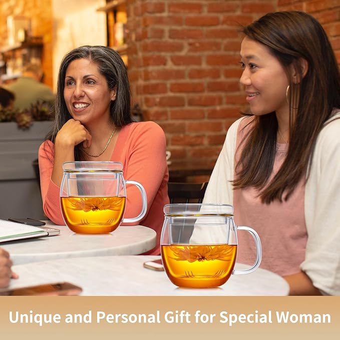 Glass Tea Cup with Infuser and Lid, 17oz/500ml Large Borosilicate Teacup, Clear Mug for Loose Leaf Tea, Blooming Tea, Tea Bags - Perfect Christmas or Birthday Gift for Women - Bloomnest