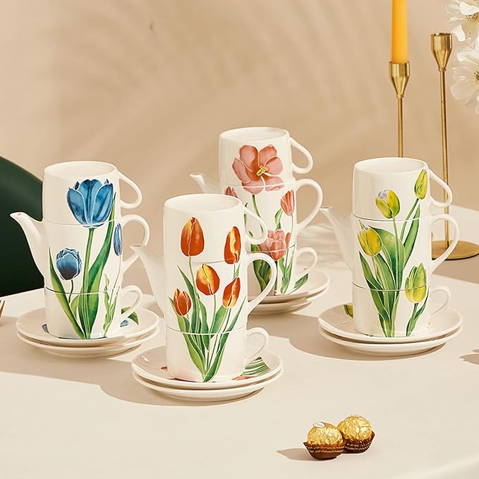 Ceramic Tea Set for Two, 13.6oz Teapot with Infuser, Stacked Kettle Two Cup and Saucer with Handpainted Flower Pattern, Office Home Gift for Women and Adults, Style 2 - Bloomnest