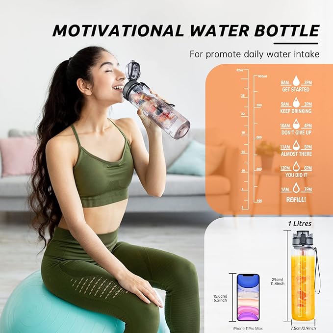 UTEBIT 32 OZ Fruit Infuser Water Bottle, Insulated Sports Water Bottle With Straw, 1L BPA Free Leak Proof Tritan Large Water Jug with Strap for Gym, Camping, Travel, Outdoor - Bloomnest