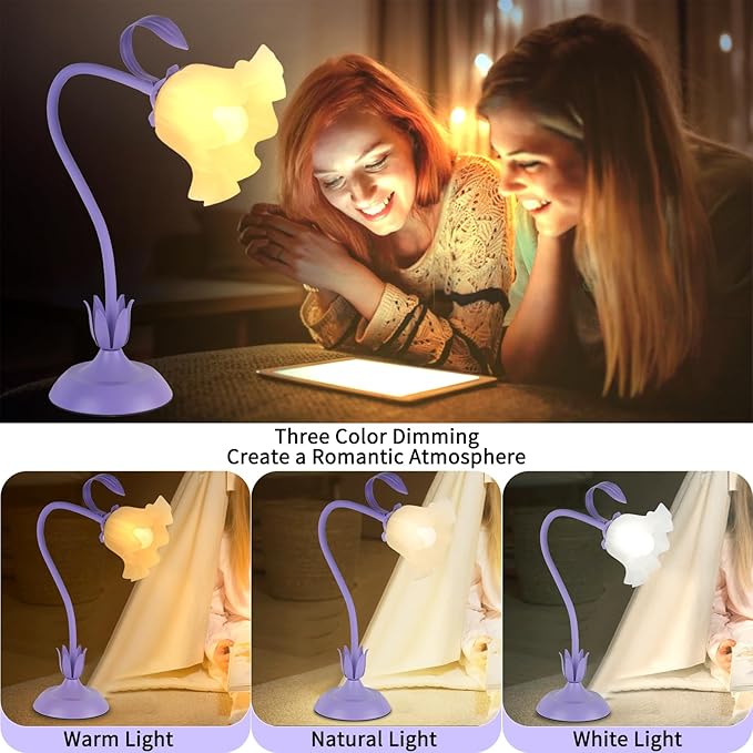 Cute Flower Desk Lamp, 3 Color Temperature Table Lamp with LED Bulb, Vintage Bedside Lamps, Reading Lamps with Soft Light for Bedroom, Living Room（Purple） - Bloomnest