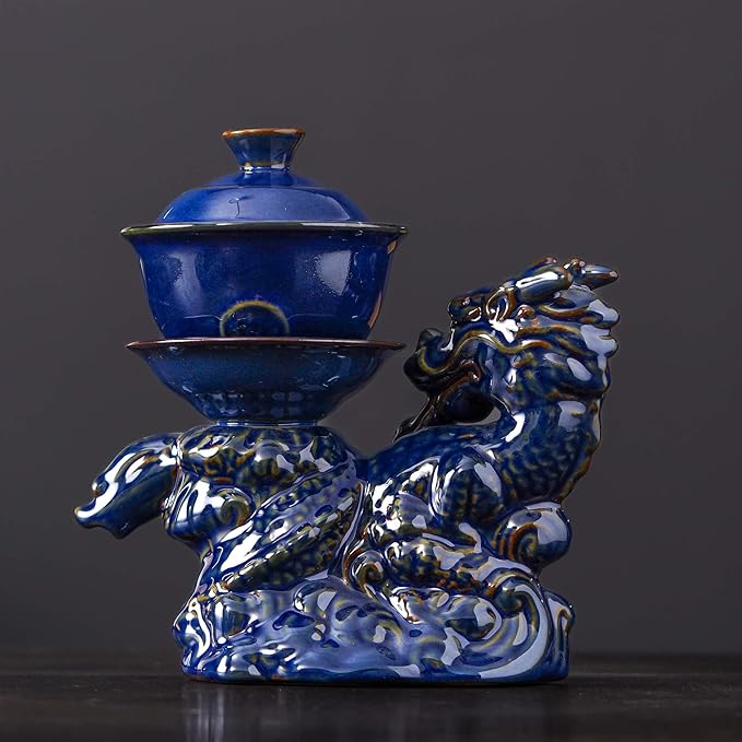 Semi Automatic Tea Set Ceramic Teapot with Infuser Magic Teapot with 8 cups (Dark Blue Dragon-B) - Bloomnest