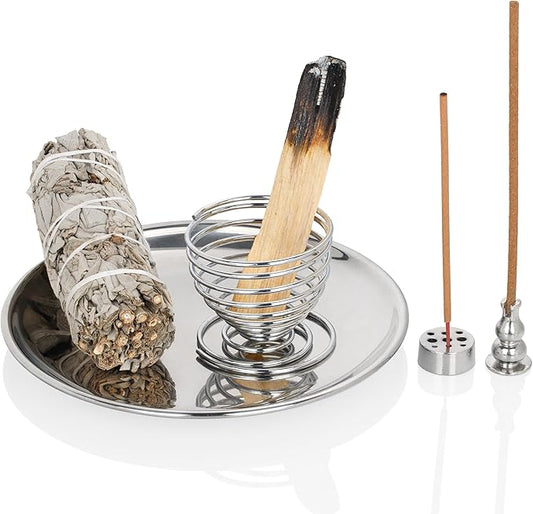 ZenBless 5 in 1 Incense Burner Holder, Palo Santo Holder, Sage Holder,Incense Sticks/Coil/Cones, 5.5 inches Brass Ash Catcher for Meditation Yoga Room(Silver) ZenBless