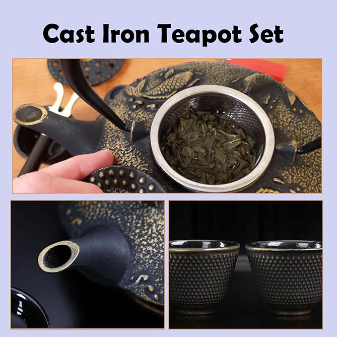 Cast Iron Teapot Set with Gift Pakckage, Koi Fish Tea Pot, Japanese Style Tetsubin Tea Gift Set, 4 Cups, Trivet and Lid Holder (koi fish)