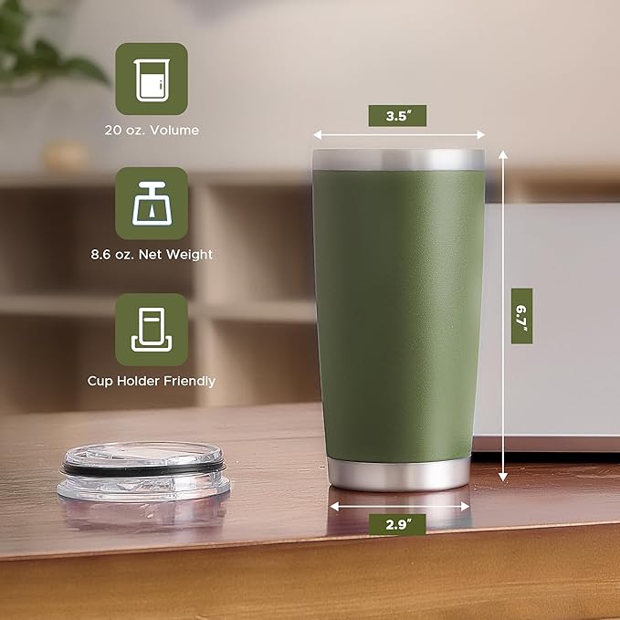 OMTech 20oz Tumblers Bulk, 12pc Stainless Steel Tumbler Set with Lid & Straw, Double Wall Vacuum Insulated Mug for Laser Engraver, Travel Coffee Mug for Hot & Cold Drinks, Army Green Powder Coated Cup - Bloomnest