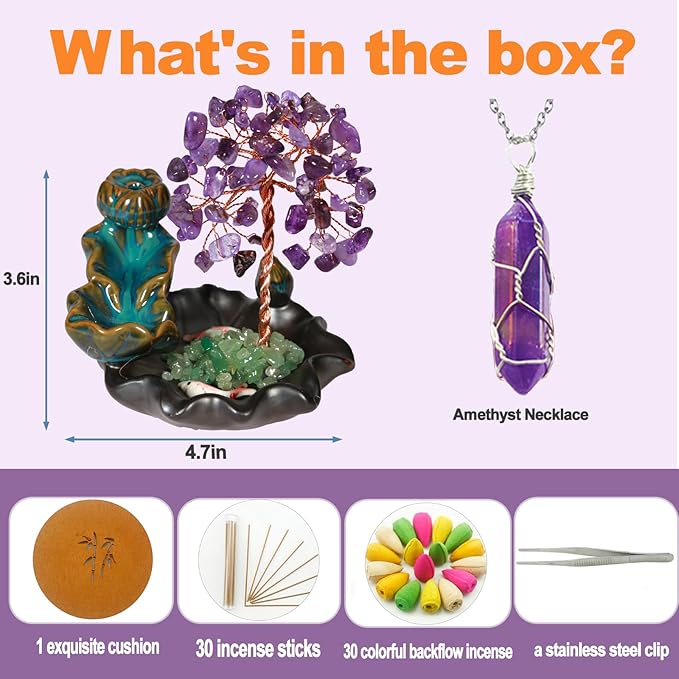 Amethyst Incense Holder Burner, Waterfall Fountain Backflow Cone Burner, Healing Crystal and Stone, Women Gifts for Christma - Bloomnest