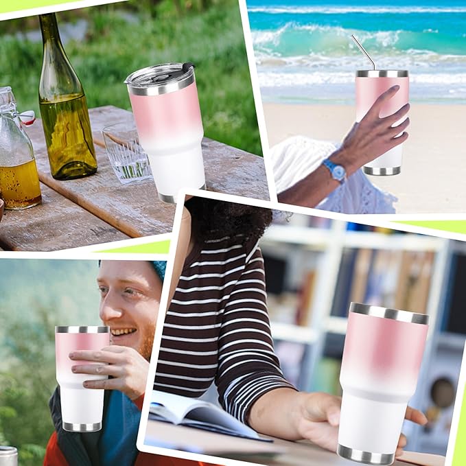 30 oz Tumbler with Lids and Straws Double Wall Vacuum Insulated Tumbler Cup,Stainless Steel Leak-proof Thermal Tumbler Powder Coated Travel Coffee Mug for Cold and Hot Drinks,Pink White - Bloomnest