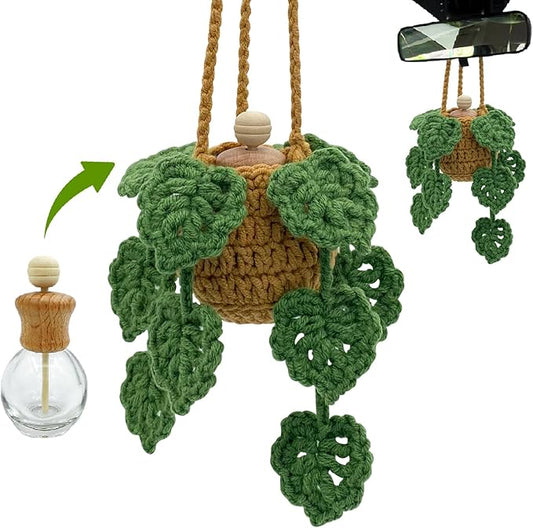 Crochet Car Air Freshener, 15ml Empty Refillable Oil Diffuser Bottle with Hanging Crochet Plant for Car Rearview Mirror Decor, Handmade Home&Office Decor - Bloomnest