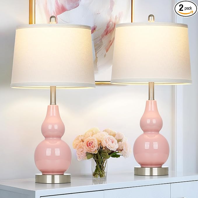 Pink Ceramic Lamps Set of 2, 25" Modern Double Gourd Ceramic Table Lamps for Living Room, Cute Bedside Nightstand Lamps with Fabric Shade for Bedroom End Table Home Office Girls Room(2 Bulbs Included) - Bloomnest