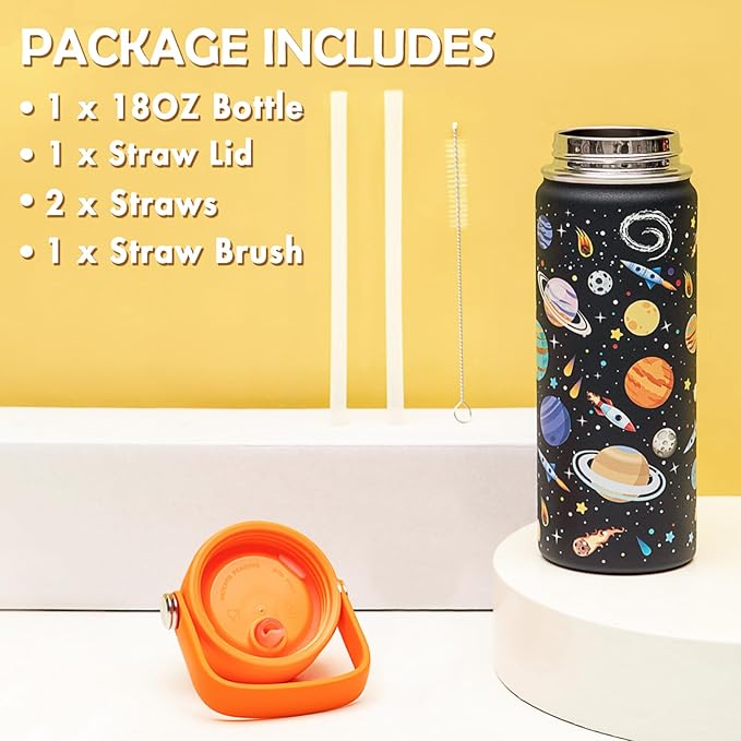 18oz Kids Insulated Water Bottle with Straw Lid - 18/8 Stainless Steel Kid Cup BPA-FREE Travel Tumbler Double Wall Vacuum Leak Proof Portable Toddler Water Bottle (Space) - Bloomnest