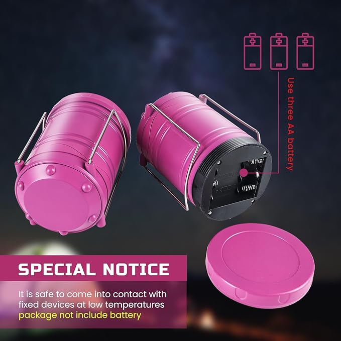 Lichamp LED Camping Lantern, 4 Pack Battery Powered Flashlight for Power Outages, Portable Collapsible Hanging Light Essential for Home, Outdoor, Emergency Lamp Survival Kit Gear for Hurricane, Pink - Bloomnest