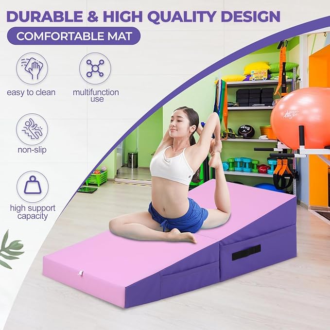 Gymnastics Mat Incline Tumbling Mats yoga mat for Home Gym, Folding Exercise Mat with Non-Slip PU Surface & Handles, Cheese Wedge Mat - Bloomnest