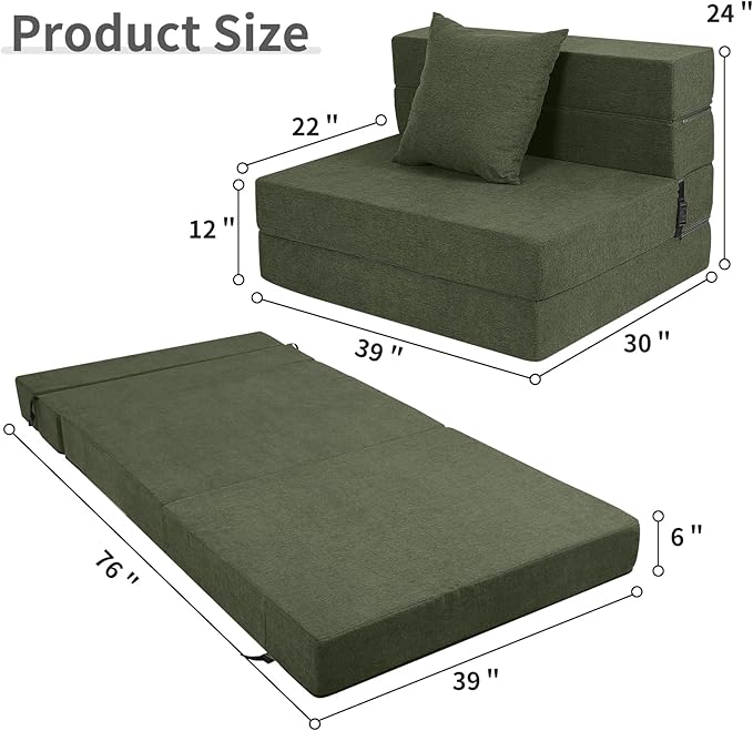Folding Sofa Bed, High-Density Memory Foam Sofa Bed with a Fluffy Pillow, Folding Floor Couch Guest Bed, Twin Size, Green - Bloomnest