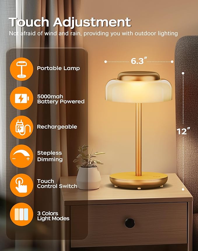 QiMH Battery Operated LED Table Lamp, 5000mAh Rechargeable Cordless Lamp, Stepless Dimmable Touch Control, Small Waterproof Desk Night Light for Living Room, Bedroom, Outdoor Bar (Gold) - Bloomnest