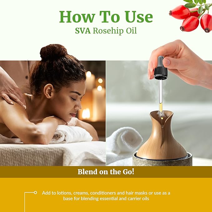 SVA Rosehip Seed Oil - 4 Fl Oz – 100% Natural & Cold Pressed - for Face, Skin Care, Hair Care, Scalp Massage & Body Massage – Carrier Oil with Dropper - Bloomnest