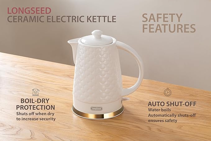 Ceramic Electric Kettle, 1.5L/1200W Boil Water Quickly and Easily with Boil-Dry Protection Auto Shut Off, Detachable Swivel Base, White Relief Carving - Bloomnest
