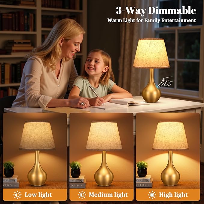 Seealle Touch Table Lamp for Bedroom, 3-Way Dimmable Small Bedside Lamps for Night Stands with Wires, Gold Desk Lamp for Kids Room, Office, Living Room, End Table(LED Bulb Included) - Bloomnest
