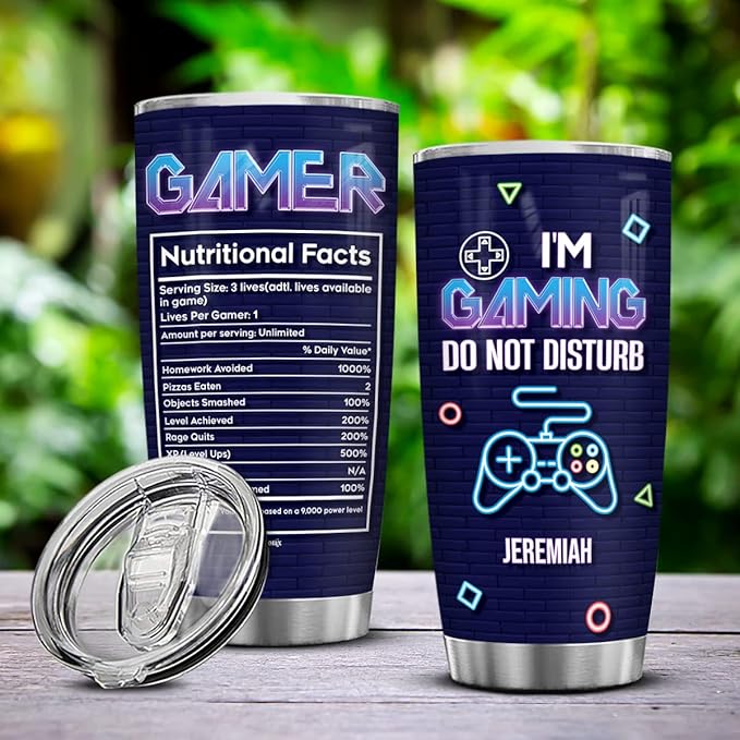 winorax Personalized Gamer Tumbler Nutrition Facts Custom Gaming Cup Tumblers Stainless Steel 20oz 30oz Coffee Mugs Gifts for Video Game Lovers Pro Gamers Men Women Birthday Christmas Presents - Bloomnest