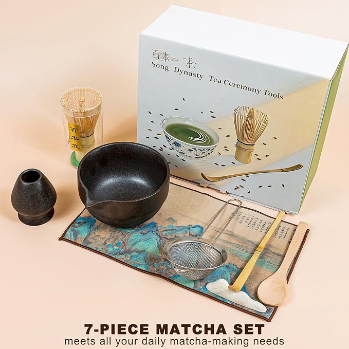 Matcha Set 7-Piece Tea Set with Brush, Bowl, Whisk, Strainer, Chasen, for Matcha Tea Ceremony (Black) - Bloomnest