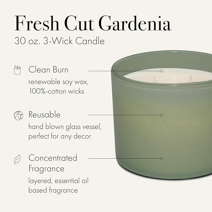 LAFCO New York 3-Wick Candle, Fresh Cut Gardenia - 30 oz - 120-Hour Burn Time - Reusable, Hand Blown Glass Vessel - Made in The USA - Bloomnest