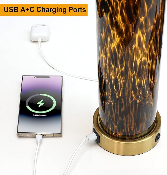 Oneach 27.75" Modern Table Lamps Set of 2, Gold Bedside Lamp with Leopard Glass Nightlight, USB A+C, Black Crystal Shade, Unique Desk Lamps for Living Room, Bedroom, Nightstand (2 Bulbs Included) - Bloomnest