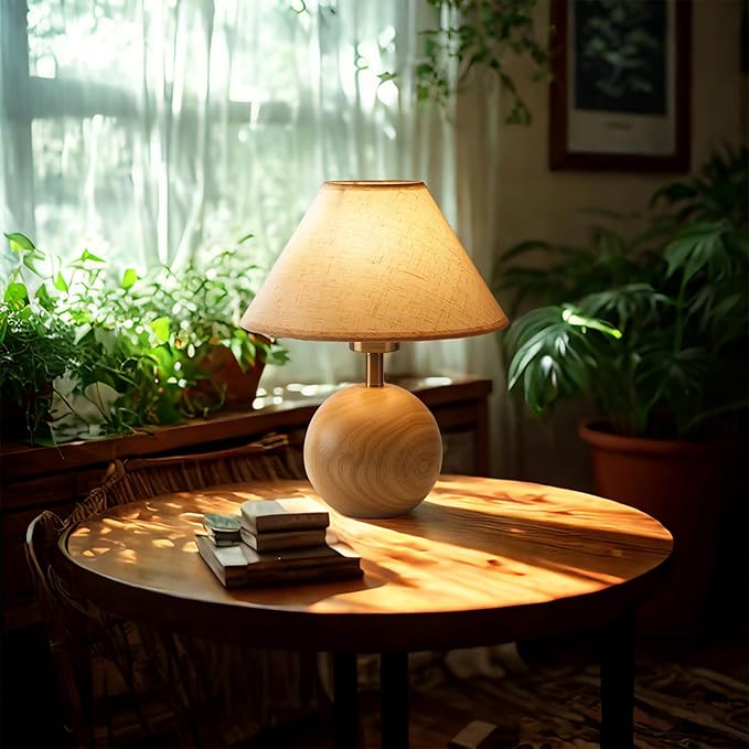 Table Lamp for Living Room,Wood Base Flaxen Fabric Shade Desk Lamp for Bedroom,Small Décor Ambient Bedside Lamps for Night Stands,LED Bulb (not Included) - Bloomnest