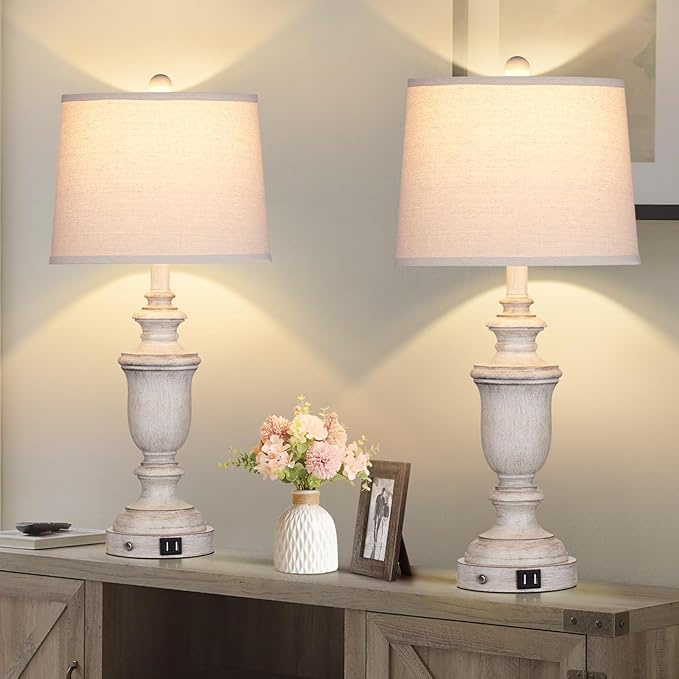 Farmhouse Table Lamps Set of 2 with USB Charging Port for Rustic Living Room Retro Bedroom,3-Way Dimmable Touch Lamp Resin Bedside Lamps for Nightstand Side End Table,Color 2 - Bloomnest