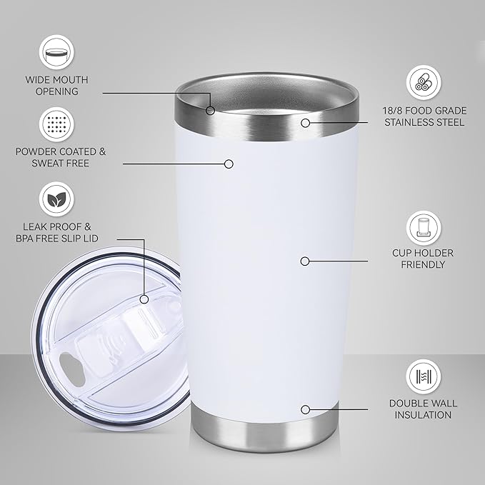20 oz Tumbler Stainless Steel Tumblers Bulk with Lid Double Wall Insulated Coffee Tumbler Cups for Hot & Cold Drinks Powder Coated Travel Coffee Tumbler Mug Metal (White, 12 pack)