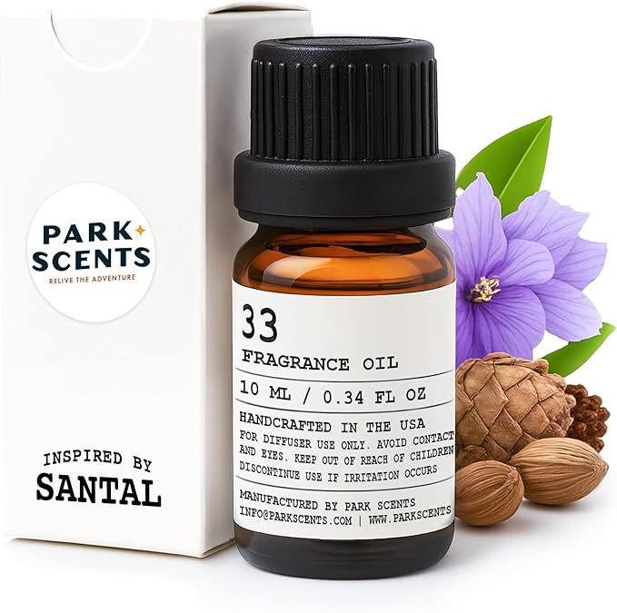 Santal Essential Oil for Diffuser - Inspired by Santal 33 Scent, Diffuser Oil with Euro Dropper - Aromatic Luxurious Fragrance, Handcrafted in The USA - Glass Bottle, 10 ml. Park+Scents