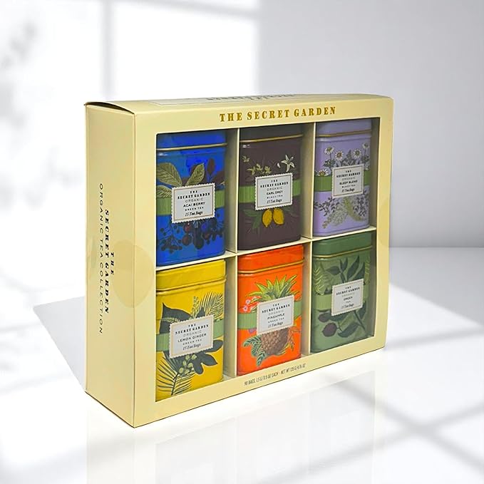 Organic Tea Sampler Gift Set 90 Bags in 6 Designer Tins Premium Assorted Flavors: Acai Berry, Earl Grey, Sleep Herbal, Lemon Ginger, Pineapple, Green Tea - Bloomnest