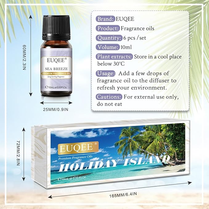 EUQEE Summer Fragrance Oil Gift Set of 6，Holiday Island Essential Oils Set for Humidifier, Aromarathepy-Pineapple, Coconut, Sea Breeze, Bubble Gum, Bay Rum, Marshmallow(10ml) EUQEE