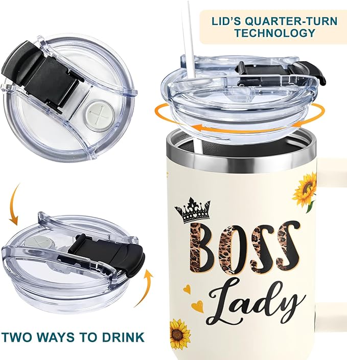 Boss Lady Tumbler 40oz with Handle - Sunflower Gifts for Women, Administrative Professional Day, Christmas - Thank You Gift for Manager - Bloomnest