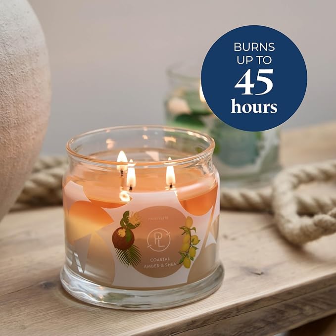 PartyLite Coastal Amber & Shea Scented, Notes of Ylang Flower, Citron, Sweet Coconut & Amber Creme, 13.2oz 3-Wick Jar Candle, 45 Hour Burn Time, Luxurious Fragrance, Ideal for Gifting - Bloomnest