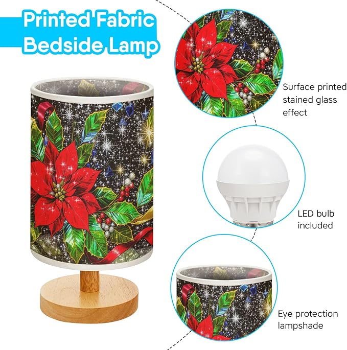 Holly Table Lamp LED 3-Color Pressed Bedside for Merry Christmas, Holly Shade Christmas Table Lamp with Wood Base for Bedroom Living Room Desk Office - Bloomnest