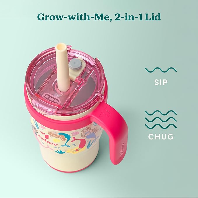 REDUCE 14 Oz Coldee Kids Tumbler with Lid and Straw - Coldee Insulated Travel Mug - Spill-Proof, Sweatproof Stainless Steel, BPA-Free - Includes Handle, Reusable Silicone Straw - Pink Mermaid - Bloomnest