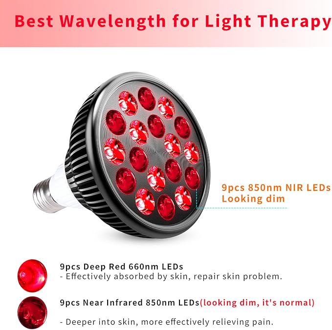 Wolezek Red Light Therapy Bulb, 18 LEDs Red Light for Body and Face with 660nm and 850nm Near-Infrared Combo Wavelength, Infrared Light Therapy Lamp Device for Skin Care Pain Relief (Only Bulb) WOLEZEKLED