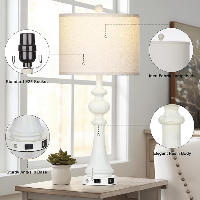 28" Farmhouse Lamps Set of 2 with USB A+C Fast Ports & AC Outlets, Vintage Rustic 3-Way Dimmable Touch Control Table Lamps, Rustic Traditional Bedside Nightstand Lamp for Living Room Bedroom White - Bloomnest