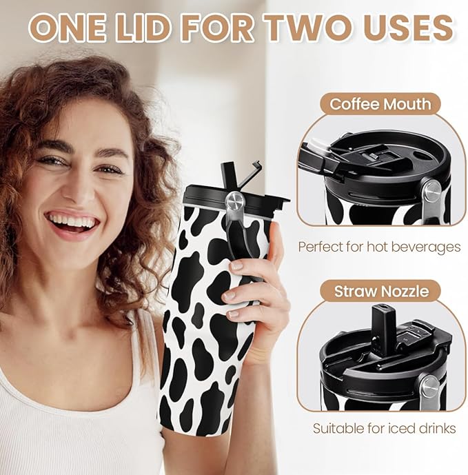 SANDJEST Cow Print Tumbler with Handle, 30oz Flip Straw Stainless Steel Tumblers Coffee Travel Cup, Cowgirl Tumbler Gifts for Women Girls for Birthday Christmas Mothers Day - Bloomnest