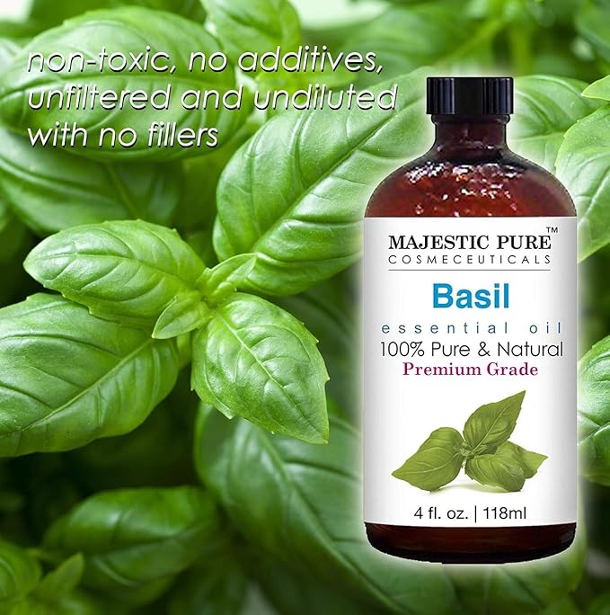 Majestic Pure Basil Essential Oil with Glass Dropper - Huge 4 Fl Oz - 100% Pure and Natural Basil Oil - Premium Grade Essential Oils for Diffuser, Aromatherapy, Soap and Candle Making - Bloomnest