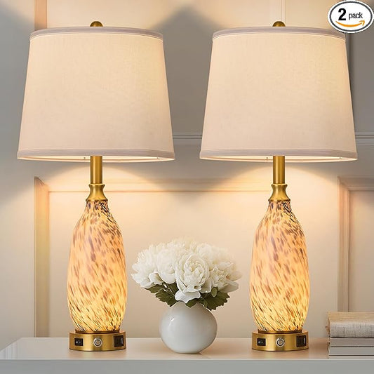 AIDENOEY 26" Modern Art Glass Table & Bedside Lamp, Stepless Dimmable Base + Dimmable 3-Color Light, USB A/C Charging Ports, Touch Control & Switch for Bedroom, Living Room, Office, Study - Bloomnest