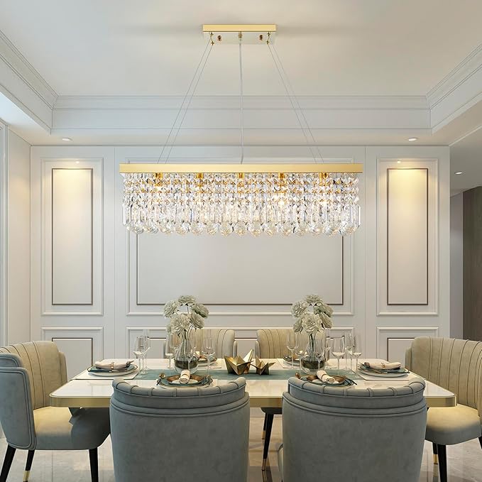 Saint Mossi 5-Lights K9 Crystal Chandelier for Dining Room, Rectangular Pendant Light Fixture for Kitchen Island, Raindrop Chandelier, H9 x W10 x L31, Chain Adjustable - Bloomnest