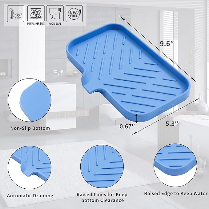 Silicone Bathroom Soap Dishes with Drain Spout Bathroom and Kitchen Sink Organizer,Sponge Holder,Dish Soap Tray,Perfect for Dispenser,Scrubber,Bottle,Cup on Counter Lichen Blue 9.6"×5.3" - Bloomnest