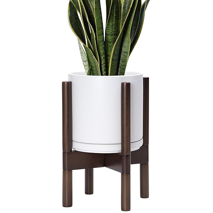 D'vine Dev Ceramic Planter with Walnut Color Stand - 8 Inch Modern Round Flower Pot with Wood Planter Holder, White, 55-B-Y-1 - Bloomnest