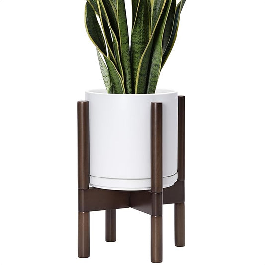 D'vine Dev Ceramic Planter with Walnut Color Stand - 8 Inch Modern Round Flower Pot with Wood Planter Holder, White, 55-B-Y-1 - Bloomnest