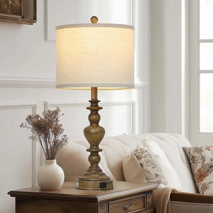 27" Vintage Table Lamps Set of 2, Farmhouse Resin Bedside Lamp with USB C+A Ports & AC Outlet, 3-Way Dimmable Touch Control Lamps for Living Room Bedroom Nightstand Antique Brown Washed Wooden Finish - Bloomnest