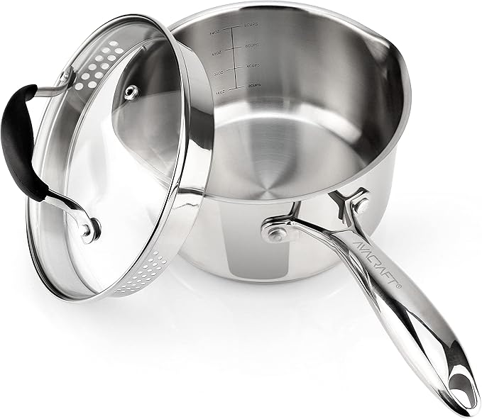AVACRAFT Stainless Steel Saucepan with Glass Strainer Lid, Two Side Spouts for Easy Pour with Ergonomic Handle, Multipurpose Sauce Pot (5-Ply Capsule Bottom, 2.5 Quart) - Bloomnest
