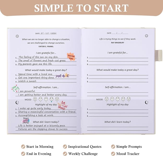Gratitude Journal with 4 Inspirational Stickers: Undated Daily Gratitude Journal for Women and Men - More Happiness, Affirmation, and Mindfulness in A Few Minutes with Prompts & Quotes (Beige) - Bloomnest